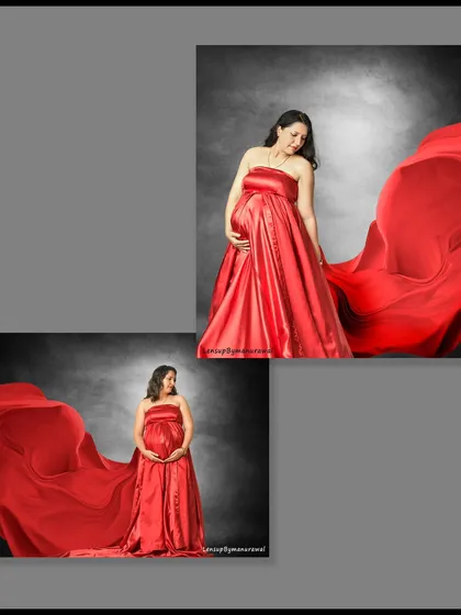 A collage showcasing different angles from a single studio session in a flowing red gown. This demonstrates the variety of shots we can achieve, from full-length poses to more intimate close-ups.