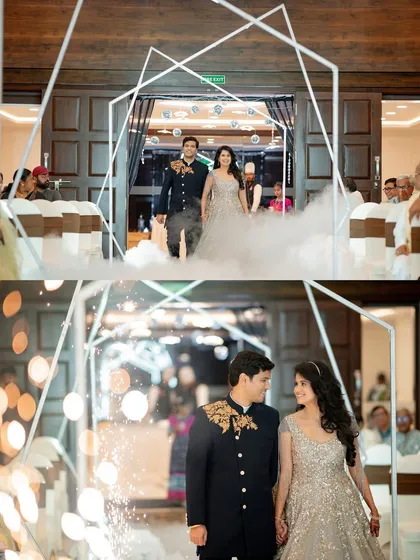Making an entrance. Apoorva and Nagraj's Sangeet entry was nothing short of magical, with smoke and sparklers creating a grand, cinematic feel. I focus on capturing the energy and excitement of these big moments.