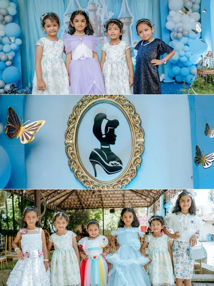 A glimpse into the finer details: a silhouette of Cinderella's glass slipper, golden butterflies, and happy children enjoying the party atmosphere we carefully crafted.