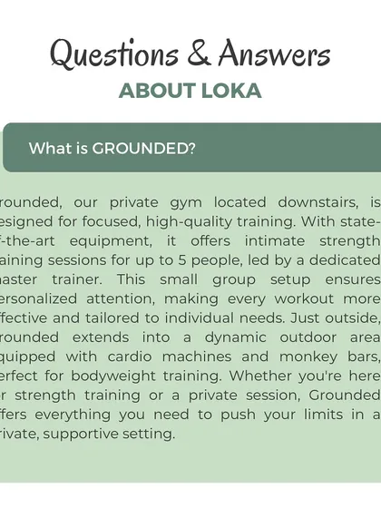 What is GROUNDED? It's our private gym downstairs, designed for focused, high-quality strength training in an intimate group of up to 5 people.
