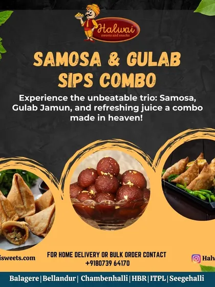 Experience the unbeatable trio of a crispy samosa, a melt in your mouth Gulab Jamun, and a refreshing juice. This combo is a perfect mini meal for any time of day.