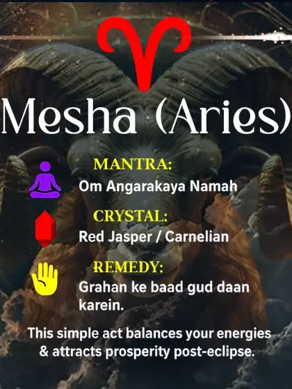 For Mesha (Aries) rashi, this post details the mantra, crystals like Red Jasper, and a simple remedy of donating jaggery after the eclipse to balance energies and attract prosperity.