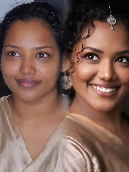This is what I mean when I say 'naan naana theriyanum'. My goal is never to change you, but to bring out your best features. Here, I've evened out the skin tone and added a soft glow for a natural, radiant finish that still looks completely like her.