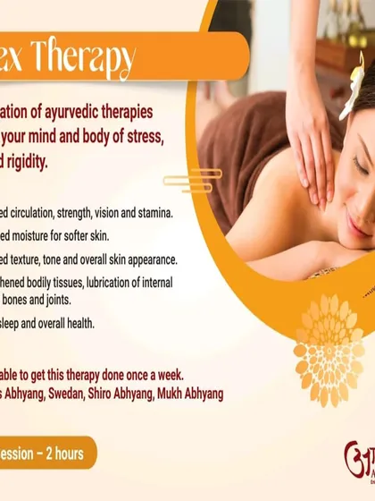 My two-hour Relax Therapy session is designed as a complete reset for your mind and body. It combines Abhyang (full-body oil massage) and Swedan (herbal steam) to improve circulation, soften skin, and promote deep, restful sleep.
