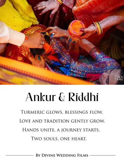 "Turmeric glows, blessings flow." A branded image capturing the Haldi ceremony, a vibrant and essential part of Indian pre-wedding rituals.