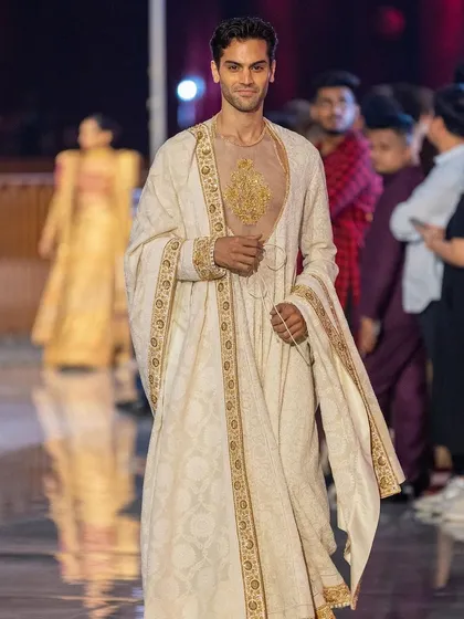 Male grooming for an Abu Jani Sandeep Khosla runway show. The goal was a clean, polished look that enhances features naturally under the bright lights of the runway, ensuring the model looks his absolute best.