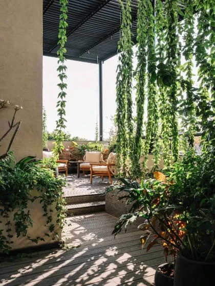 The rooftop terrace of a private villa, designed as a seamless extension of the living space. We used a combination of raw, tactile surfaces and curated greenery to create an urban oasis, a place where the home's rhythm continues to unfold under the open sky.