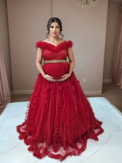 Embrace the power and passion of this special time with our stunning red ruffle maternity gown. This off-shoulder dress, accented with a delicate gold belt, is designed to make you feel confident and beautiful for your indoor photoshoot.