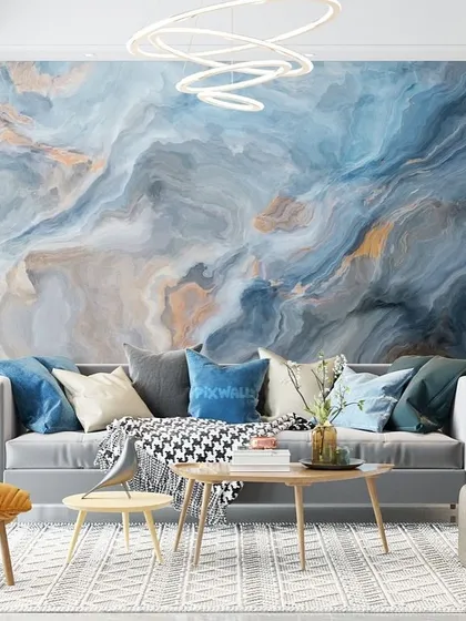 A soft and dreamy abstract wallpaper with a cloud-like texture in shades of blue and beige. This design is perfect for creating a calm and serene atmosphere.
