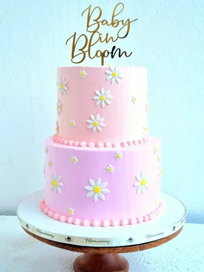 Another view of the "Baby in Bloom" shower cake, showing its clean lines and simple, pretty design.