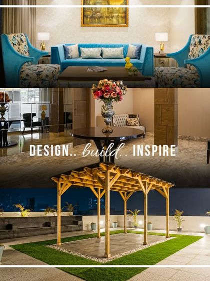 We design, build, and inspire. This collage shows the breadth of our work, from elegant living rooms and formal sitting areas to tranquil, green rooftop pergolas.