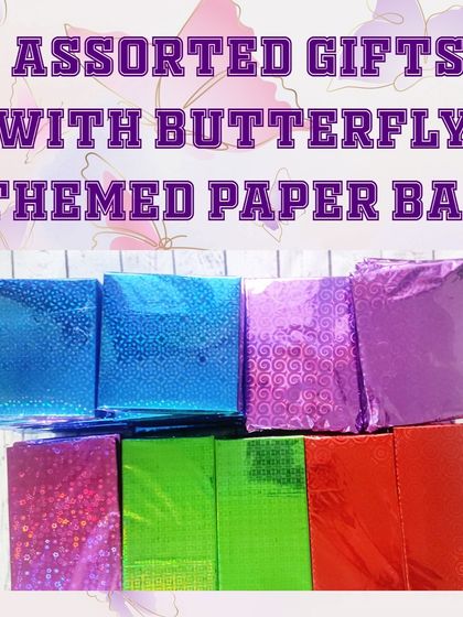 For this butterfly-themed party, the gifts were wrapped in assorted colorful and shiny paper to create a vibrant and exciting presentation.