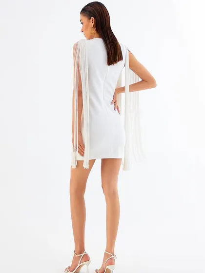The back view of a white mini dress with fringe sleeves from Tisharth by Shivani.