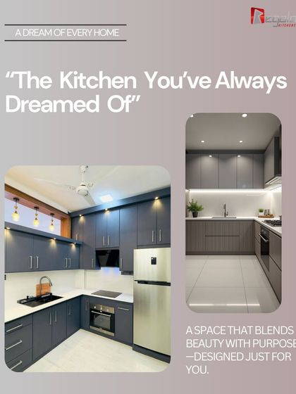 "The Kitchen You've Always Dreamed Of." This ad features a beautiful grey kitchen, promising a space that blends beauty with purpose, designed just for you.