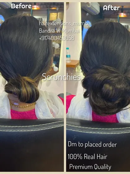 See the transformation for yourself. On the left is a small, simple bun. On the right is the same hair with our 100% real hair scrunchie, creating a full and voluminous messy bun in seconds. This is our premium quality solution for instant volume.