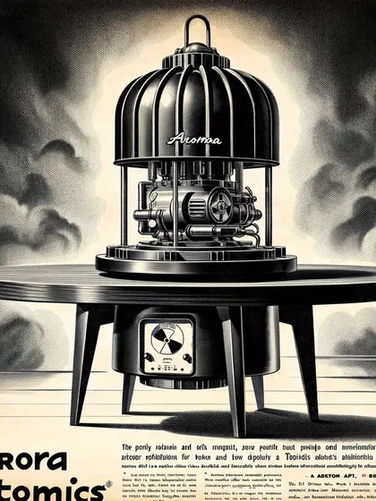 A vintage newspaper ad for 'Arora Atomics', a fictional company selling tabletop fission reactors. This series, 'Parmanupunk', explores an alternate atomic age in India.