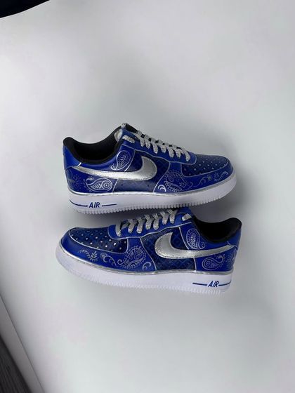 A top-down view of the royal blue wedding custom sneakers.