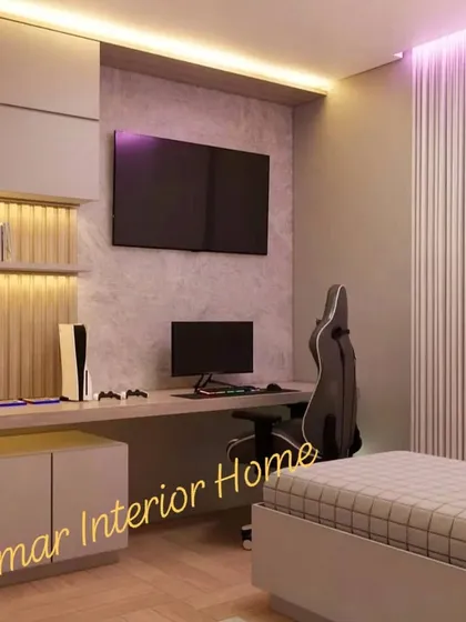 The gaming setup includes a large screen, a console, and a sleek desk with built-in storage.