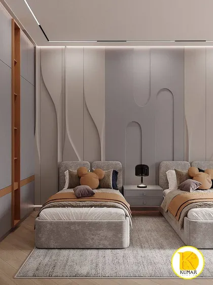 A front view of the twin beds with their unique Mickey Mouse-shaped cushions and the stylish wavy wall panel.