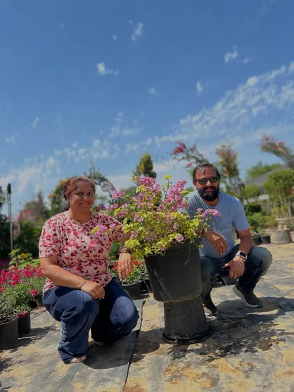 Our customers enjoying their time at the nursery and posing with a beautiful Bougainvillea plant.