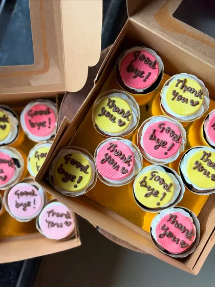 A thoughtful way to say goodbye or thank you to colleagues. This order features simple, colorful cupcakes with clear "Good bye!" and "Thank you" messages written on them.