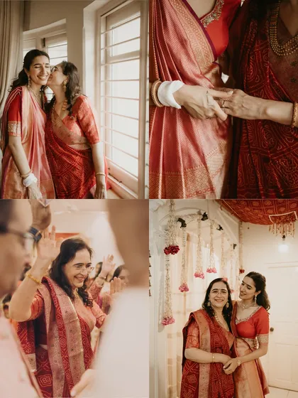 A collage of moments from the 'Mandap Muharat' ceremony. It highlights different family members in shades of red, proving that a single color can be worn in diverse and beautiful ways.
