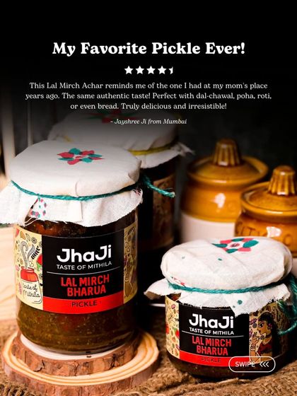 A collection of glowing reviews for our Lal Mirch Bharua Achar, with customers calling it their favourite and a must-try for its authentic, dadi-nani style taste.