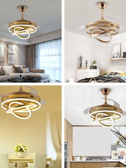 Here you can see how our fan chandelier looks in different rooms: a living room, a bedroom, a dining room, and a kitchen. It's a versatile piece that adds a touch of modern luxury anywhere.
