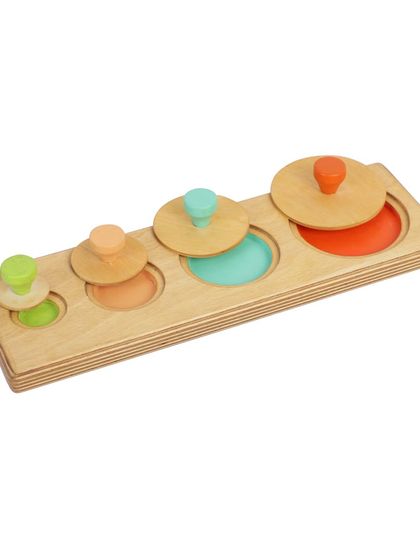 An angled view of a wooden puzzle toy, showing its 3D nature.