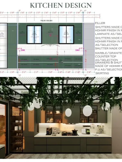This image shows both the technical blueprint and the final 3D render for a modern kitchen. The design features matte olive green cabinets, a white marble countertop, and a ceiling with a sunroof and integrated greenery, demonstrating how I translate precise plans into beautiful, functional spaces.