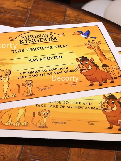 A personalized "Adoption Certificate" for the "Adopt Me" return gift station. Each child gets a certificate for their new plush animal, making the gift extra special.