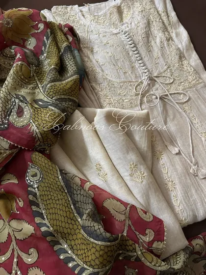 Our Tissue Chanderi Achkan Anarkali, presented as a complete set. This image shows the Anarkali with its coordinated dupatta and a contrasting hand-painted Kalamkari dupatta, illustrating different styling options.