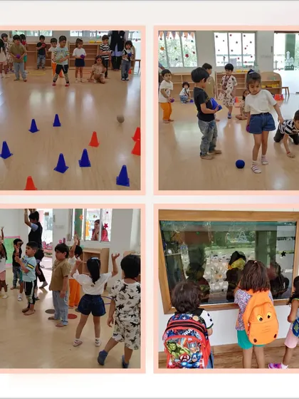 A collage showing various sports activities from Day 5 of camp. You can see children engaged in ball games with cones and interacting with instructors, showcasing a day full of active learning.
