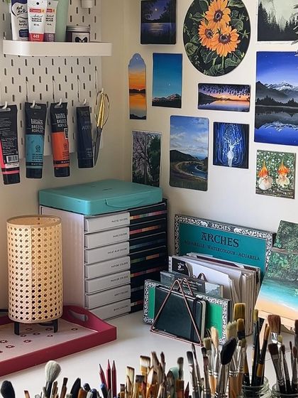 A close up of my art supplies, neatly organized.