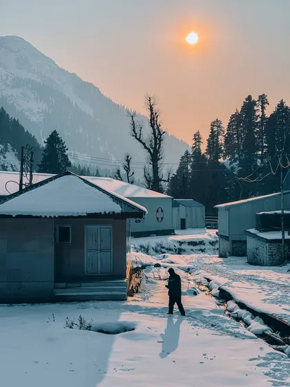 A lone figure walks through a snow-covered village in Aru Valley, Kashmir, as the sun rises. For me, filmmaking is about finding these moments of healing and peace in new places.