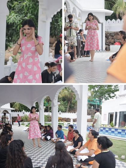 A collage showing me guiding the group through a meditation and visualization exercise before we begin painting. This initial step is crucial for helping participants connect with their emotions in a calm and centered way.