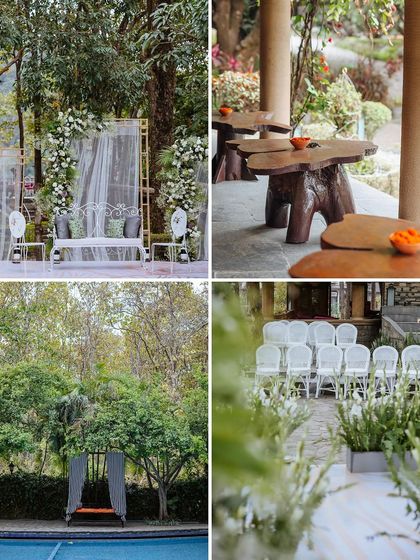 A collage of the beautiful and rustic decor details from a wedding at The Den, Corbett.