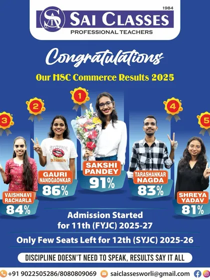 Our HSC Commerce students have achieved outstanding results. This poster celebrates our 2025 toppers, like Sakshi Pandey with 91%, showcasing the success that comes from our dedicated coaching and the hard work of our students.