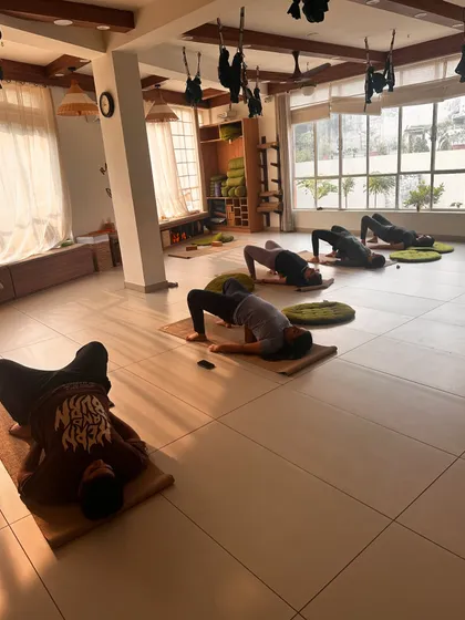 A class rests in a bridge pose variation, a gentle inversion that calms the mind.