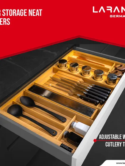 For a softer touch, I recommend my adjustable wooden cutlery trays. Wood is gentle on your tools and brings a natural, rustic warmth to your kitchen drawers.