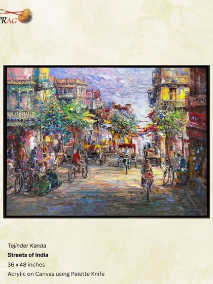 'Streets of India' by Tejinder Kanda, a large canvas capturing the vibrant, chaotic energy of an Indian city street.
