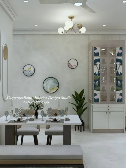 A closer look at the dining setup with a bench and chairs, next to a crockery unit with traditional Indian motifs on the doors. It's a perfect blend of modern and desi styles.
