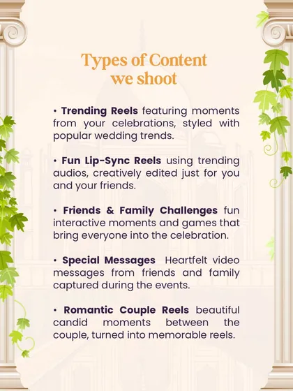 Here’s a quick look at the types of content I create for your wedding feed. From fun lip-sync videos with your friends to romantic couple reels and heartfelt messages from family, I cover all the bases to tell your complete story.