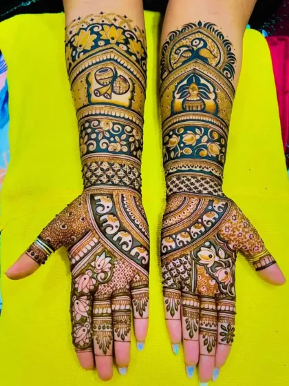 A vibrant and dense design filled with traditional elements like dhol, shehnai, peacocks, and elephants, celebrating the sounds and sights of an Indian wedding.
