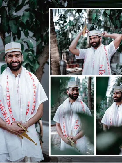 A collage of the groom's Haldi portraits, showing various playful and traditional poses.