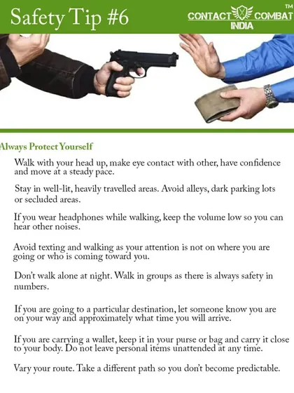 This safety tip card provides essential advice for protecting yourself in daily life, such as walking with confidence, avoiding secluded areas, and staying aware of your surroundings.