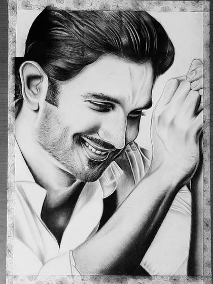 A gallery showing the creation of my tribute to Sushant Singh Rajput. Each image shows a different stage, from the initial sketch to the final emotional portrait.