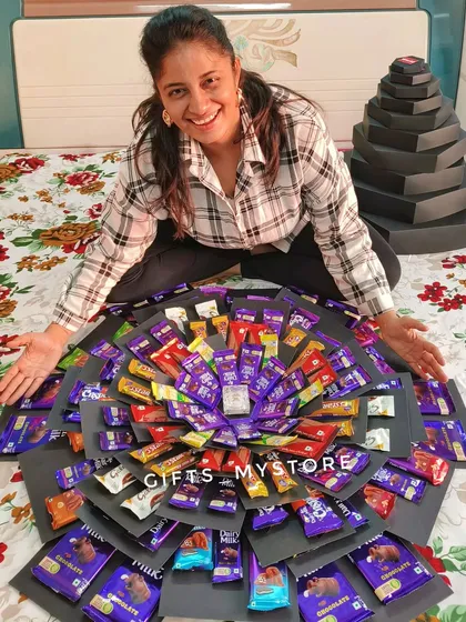 So proud of how this massive 10-layer chocolate explosion box turned out. It's filled with tons of chocolates and a very special gift.