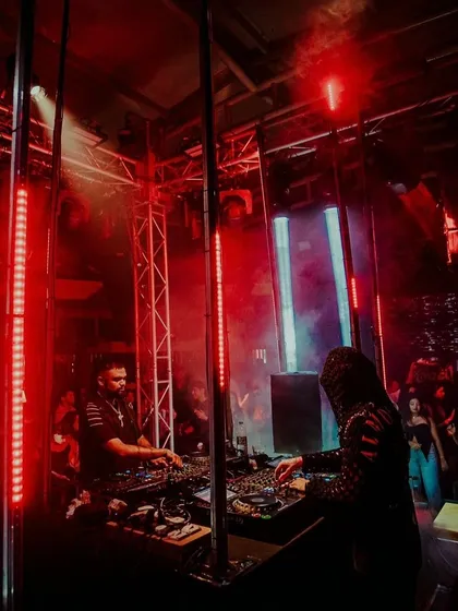 A shot from our F2F set at The Kai Room, showing the unique cage-like structure we performed in. We love playing in unconventional and visually interesting setups.