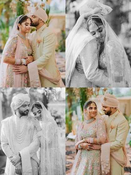 A four-part collage of a couple's portraits, mixing color and black and white to showcase their romantic moments.